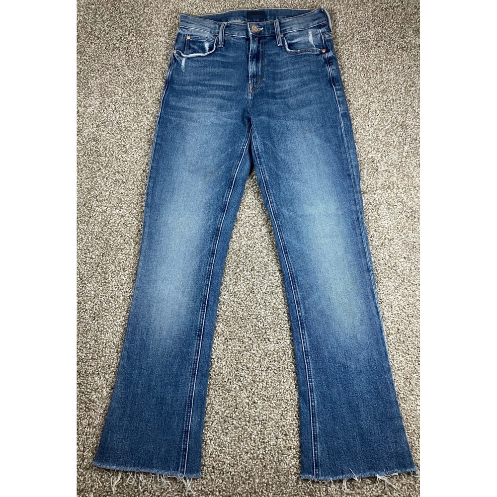 Mother The Runaway Popism Blue Flare Jeans Raw Hem High Rise Size 24 Made in USA